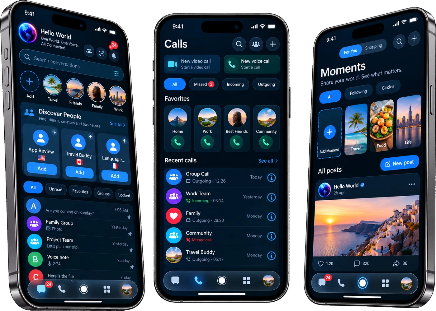 Hello World on three iPhones: the chat list, the calls screen and Moments.