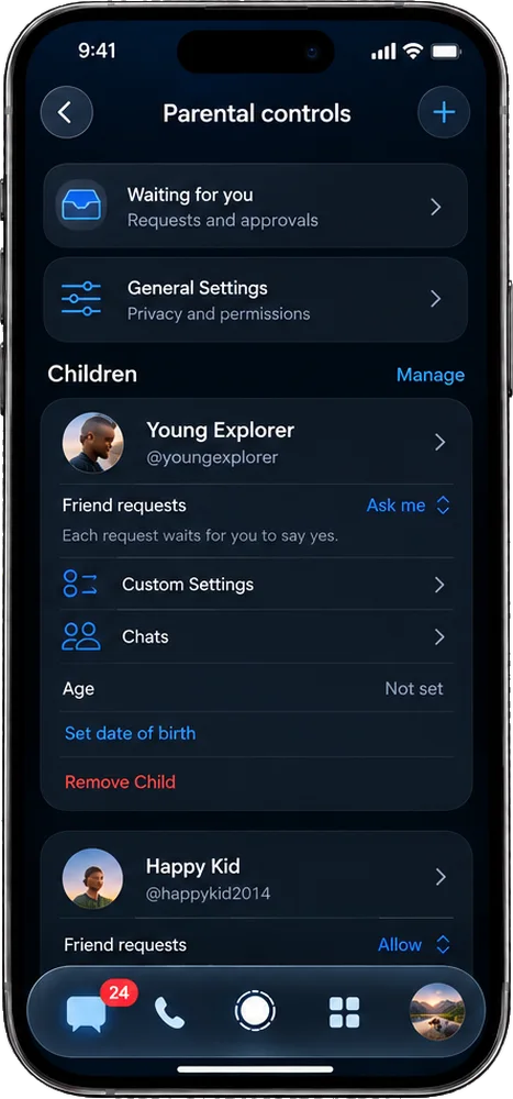 Parental controls in Hello World: each child, and what they are allowed to do.